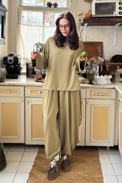 Çağla Yeşili Oysho Kumaş Pileli Şalvar Takım