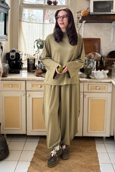 Çağla Yeşili Oysho Kumaş Pileli Şalvar Takım