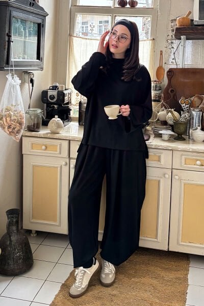 Siyah Oysho Kumaş Pileli Şalvar Takım