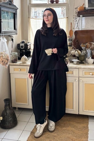 Siyah Oysho Kumaş Pileli Şalvar Takım