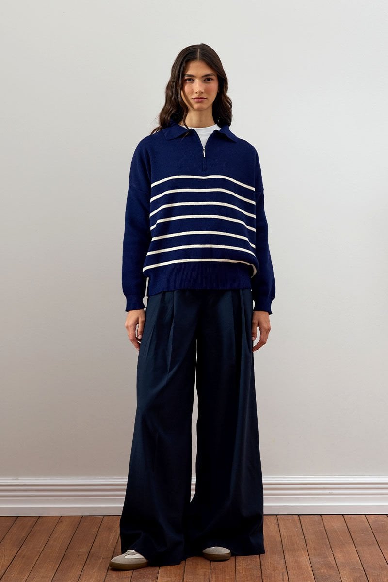 Lacivert Çizgili Triko Kazak & Lacivert Pile Detay Palazzo Pantolon