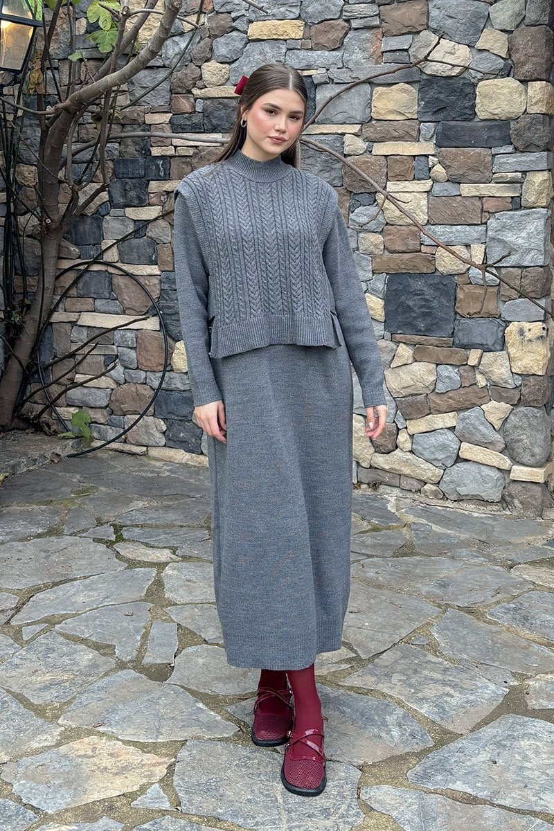 Antrasit Süveterli Takım Triko Elbise