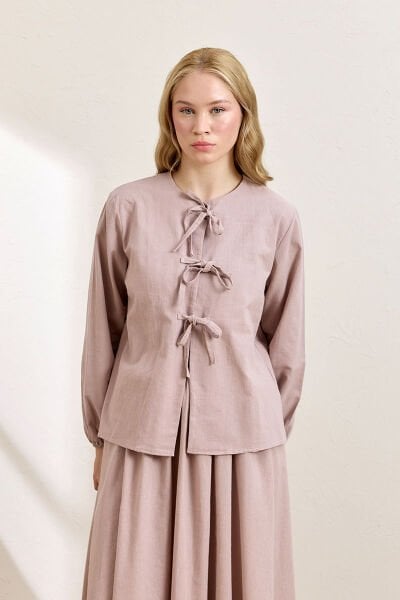 Gül Kurusu Üç Fiyonklu Organik Keten Bluz