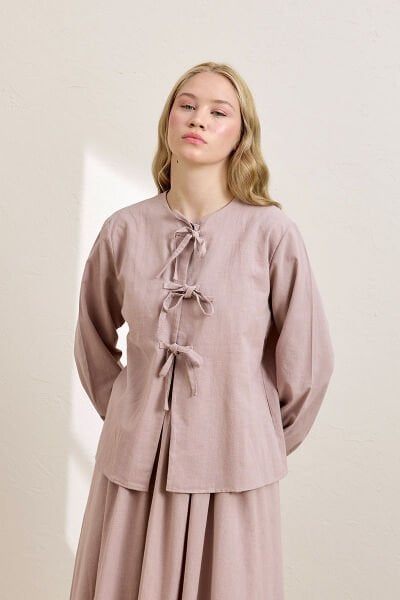 Gül Kurusu Üç Fiyonklu Organik Keten Bluz