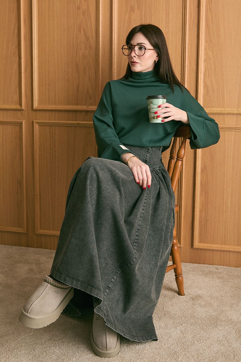 Zümrüt Dik Yaka Kışlık Body & Antrasit Kot Pile Detay Etek Takım