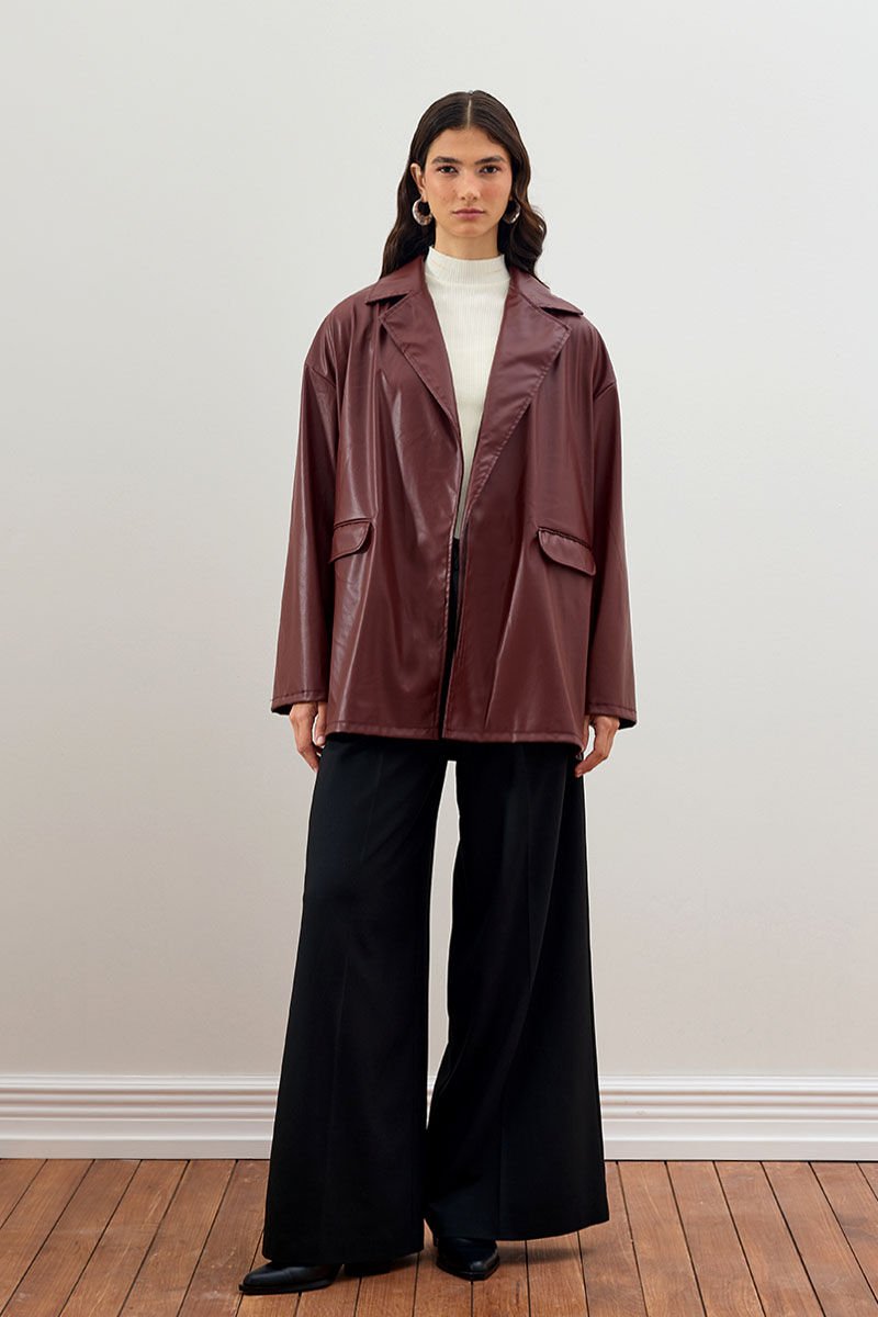 Bordo Deri Ceket & Siyah Pile Detay Palazzo Pantolon Takım