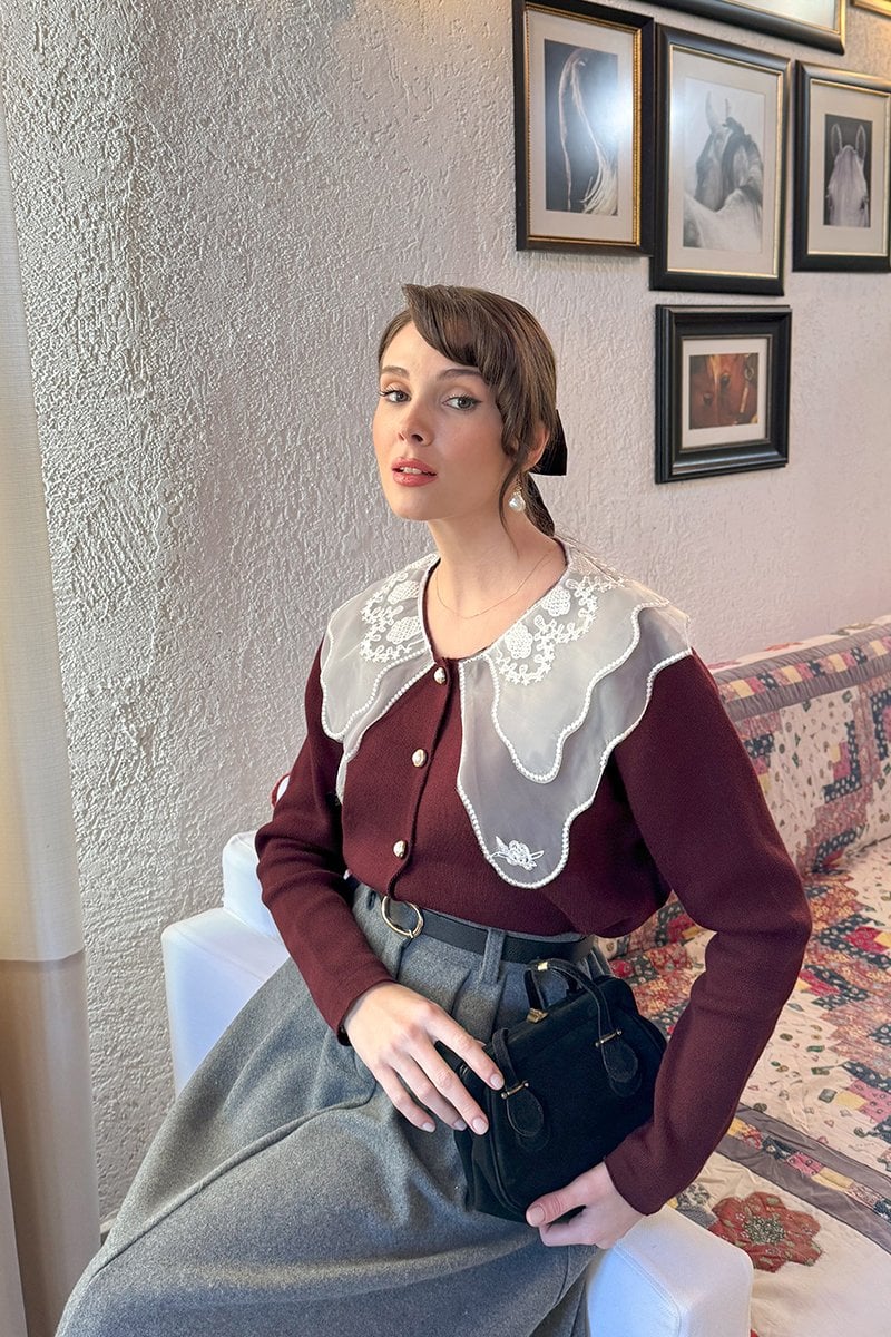 Dantel Yakalı Bordo Triko Hırka