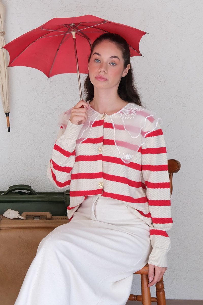 Dantel Yakalı Çizgili Kırmızı Triko Hırka