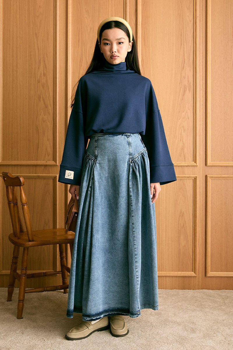 Lacivert Dik Yaka Kışlık Body & Buz Mavisi Kot Pile Detay Etek Takım