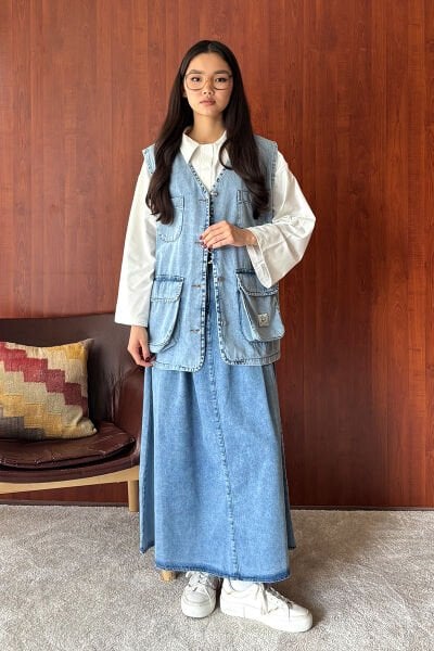 Buz Mavi Kot Tek Düğmeli Etek