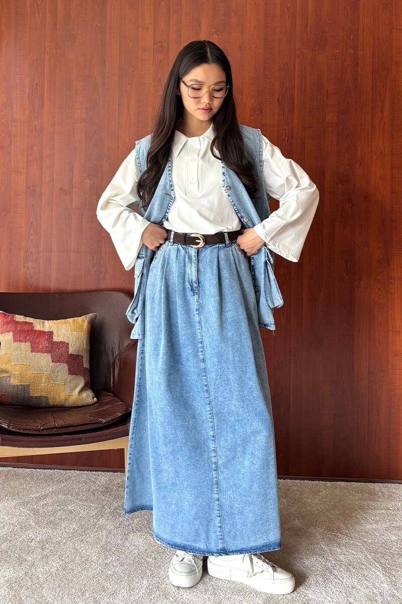 Buz Mavi Kot Tek Düğmeli Etek