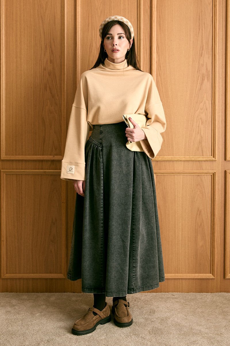 Bej Dik Yaka Kışlık Body & Antrasit Kot Pile Detay Etek Takım