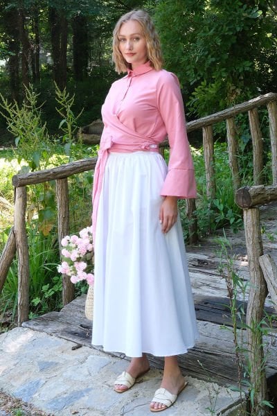 Beyaz Balon Etek & Pembe Bağlamalı Gömlek Takım