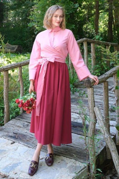 Bordo Balon Etek & Pembe Bağlamalı Gömlek Takım