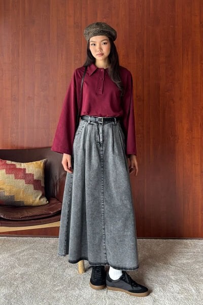 Antrasit Kot Tek Düğmeli Etek