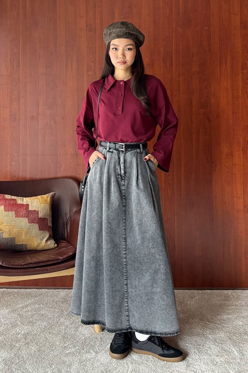 Antrasit Kot Tek Düğmeli Etek