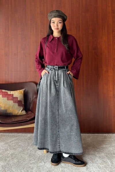 Antrasit Kot Tek Düğmeli Etek