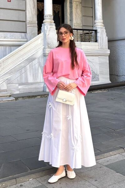 Pembe Body & Beyaz Fiyonklu Etek Takım