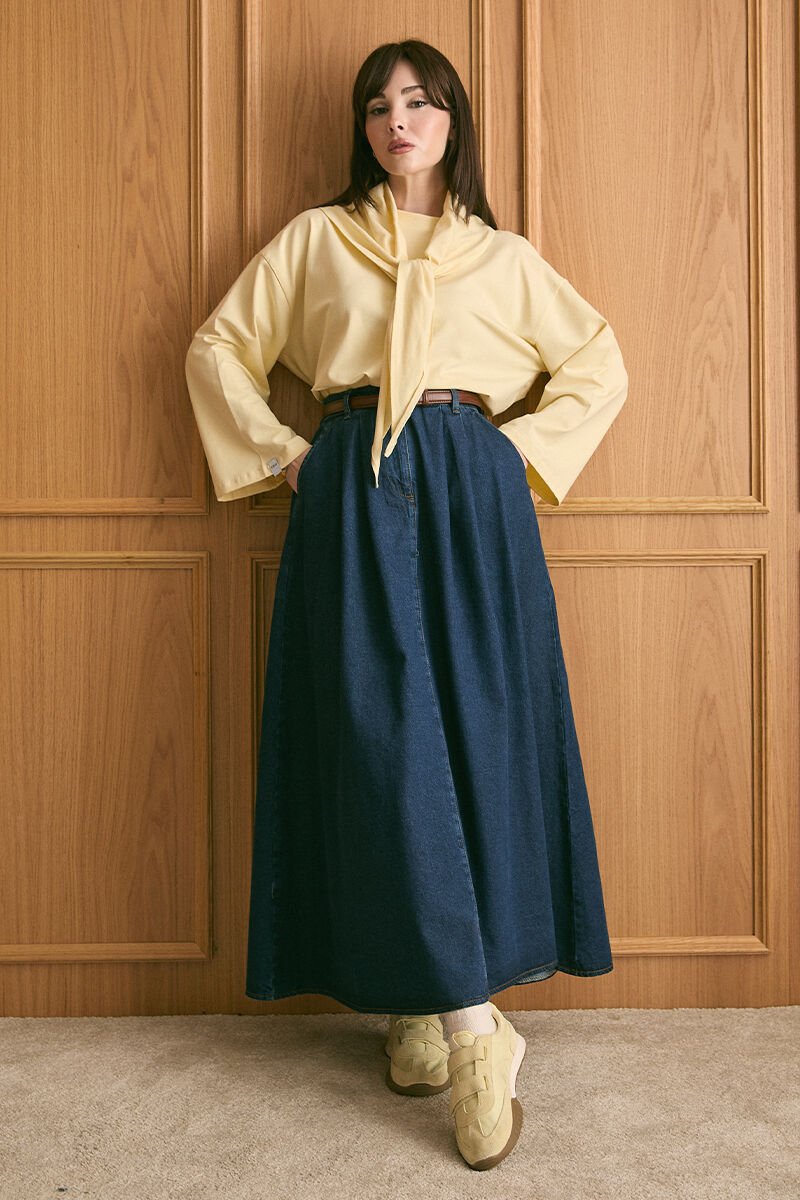 Tereyağ Sarısı Fularlı Body & Kot Tek Düğmeli Etek Takım