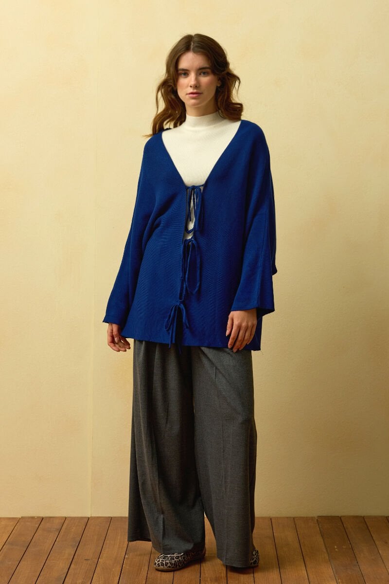 Lacivert 3 Fiyonklu Triko Ceket & Antrasit Pile Detay Palazzo Pantolon