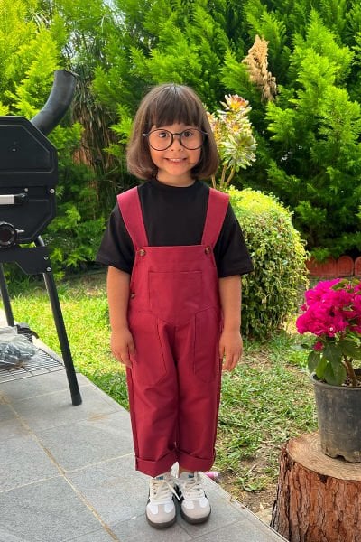 Bordo Duck Keten Salopet Çocuk Tulum