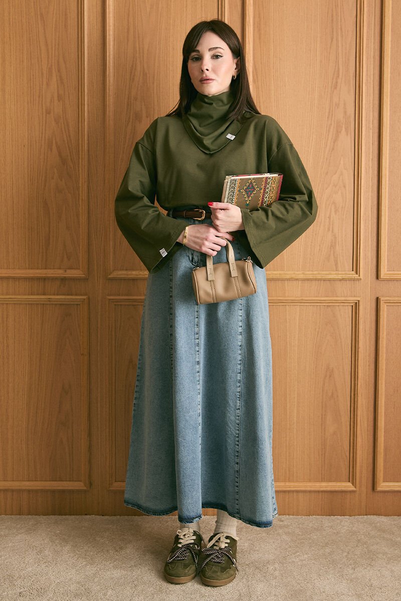 Haki Fularlı Body & Buz Mavisi Kot Kloş Etek Takım