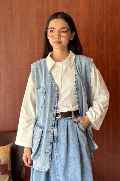 Buz Mavisi Kargo Cepli Kot Yelek