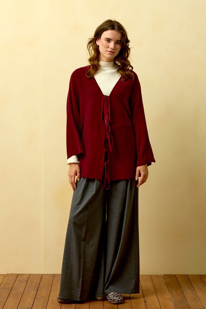 Bordo 3 Fiyonklu Triko Ceket & Antrasit Pile Detay Palazzo Pantolon