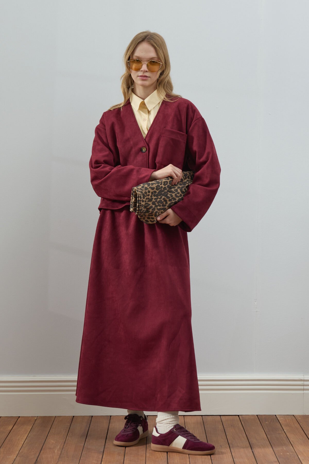 Bordo Süet Kloş Etek