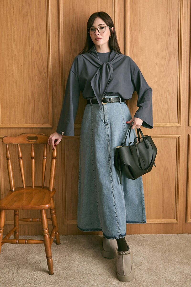 Antrasit Fularlı Body & Buz Mavisi Kot Kloş Etek Takım