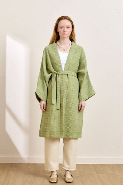 Fıstık Yeşili Waffle Uzun Kimono