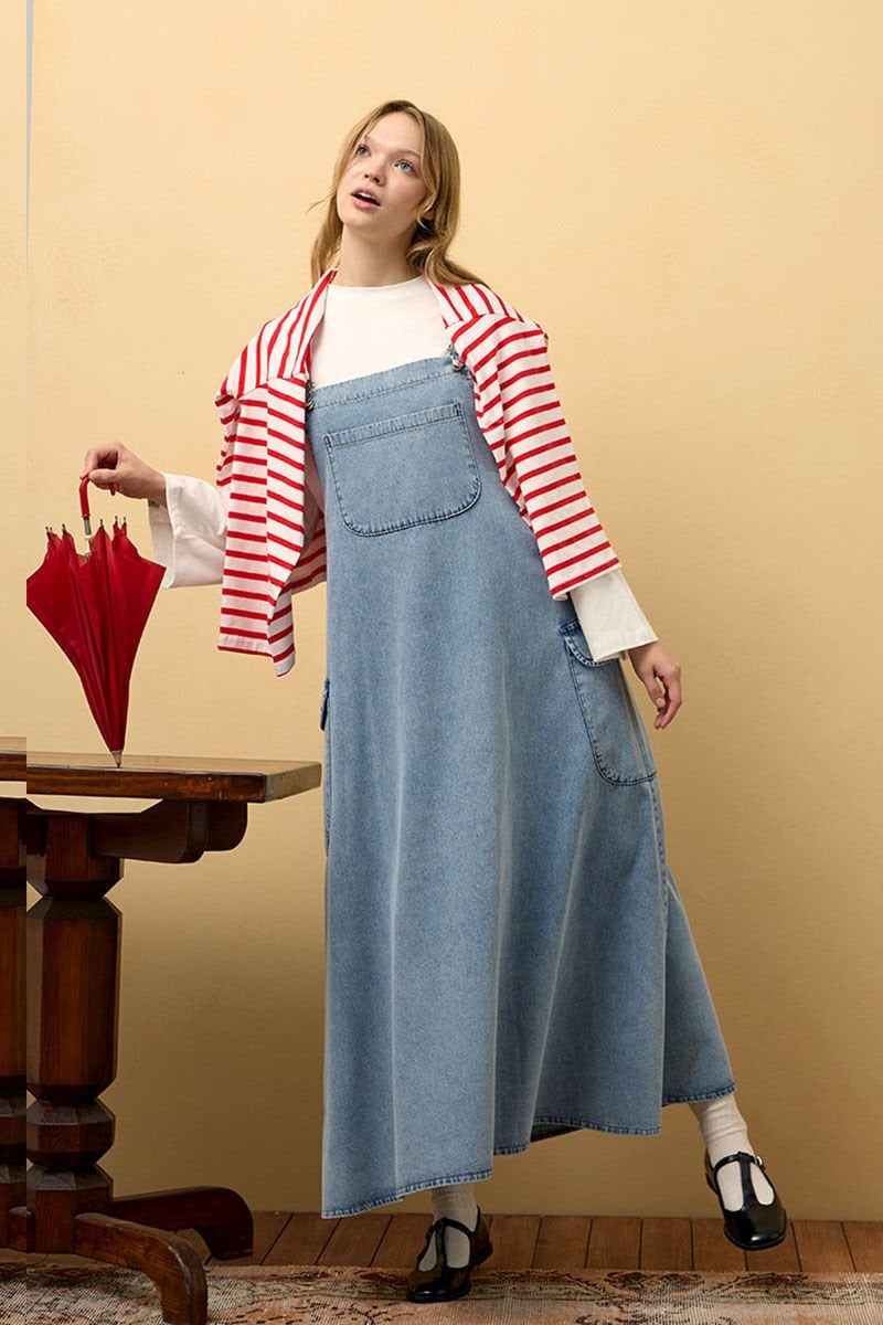 Ekru Body & Buz Mavisi Kot Etekli Salopet