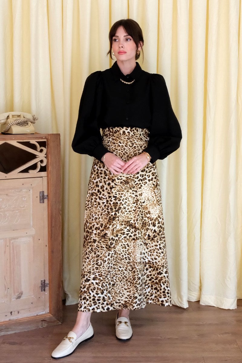 Leopar Desen Pamuk Saten Kloş Etek