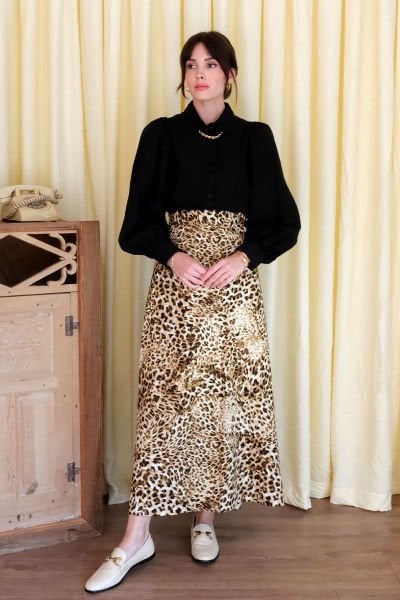 Leopar Desen Pamuk Saten Kloş Etek