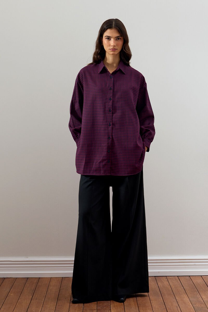 Bordo Pötikare Gömlek & Lacivert Pile Detay Palazzo Pantolon Takım