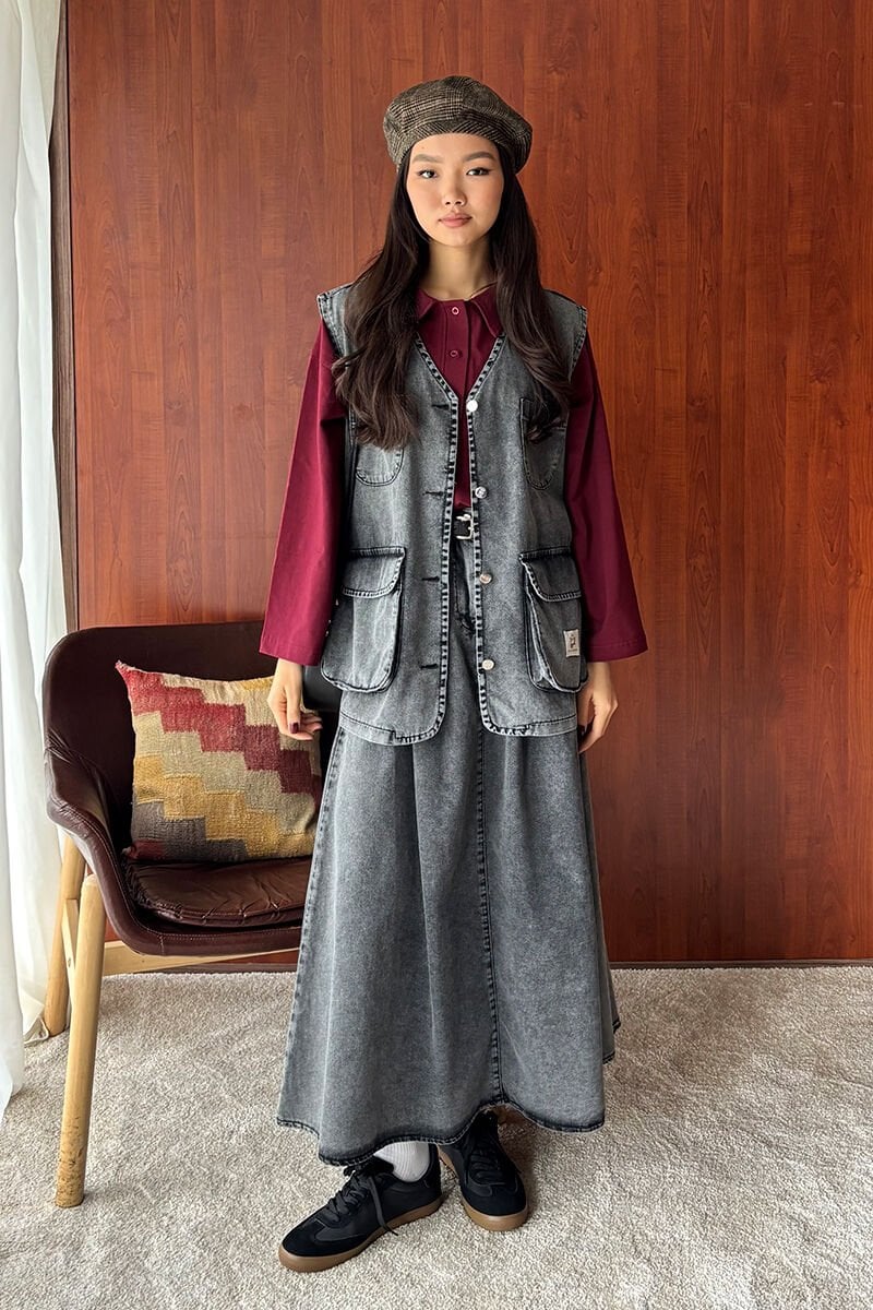 Antrasit Kargo Cepli Kot Yelek & Antrasit Kot Tek Düğmeli Etek Takım