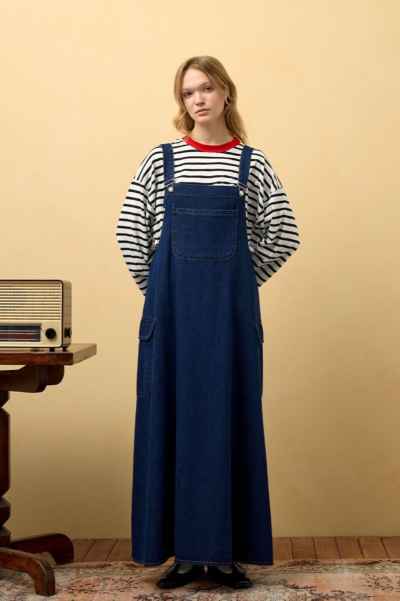 Kırmızı Yaka Siyah Çizgili Body & Kot Etekli Salopet