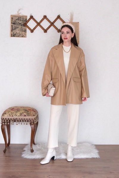 Krem Deri Ceket & Krem Krep Boru Paça Pantolon