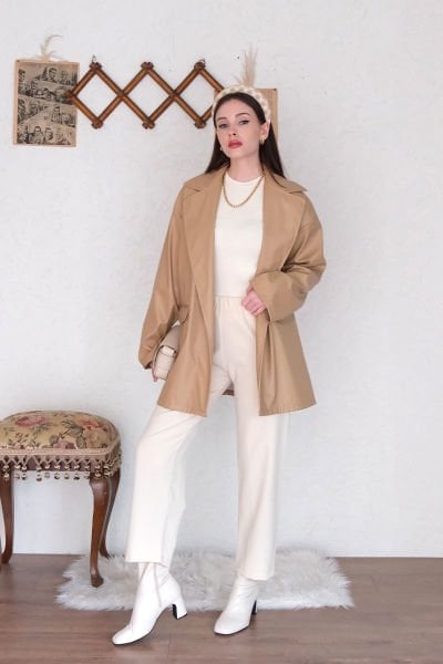 Krem Deri Ceket & Krem Krep Boru Paça Pantolon Takım