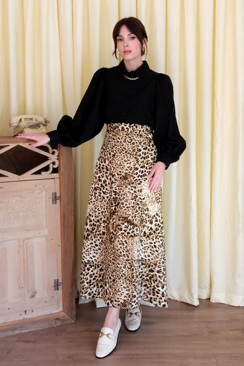 Siyah Klasik Yaka Crop Gömlek & Leopar Desen Pamuk Saten Kloş Etek