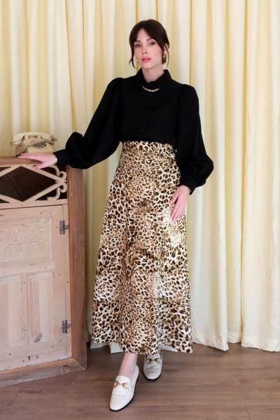 Siyah Klasik Yaka Crop Gömlek & Leopar Desen Pamuk Saten Kloş Etek