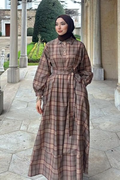 Vizon Ekoseli Vintage Elbise