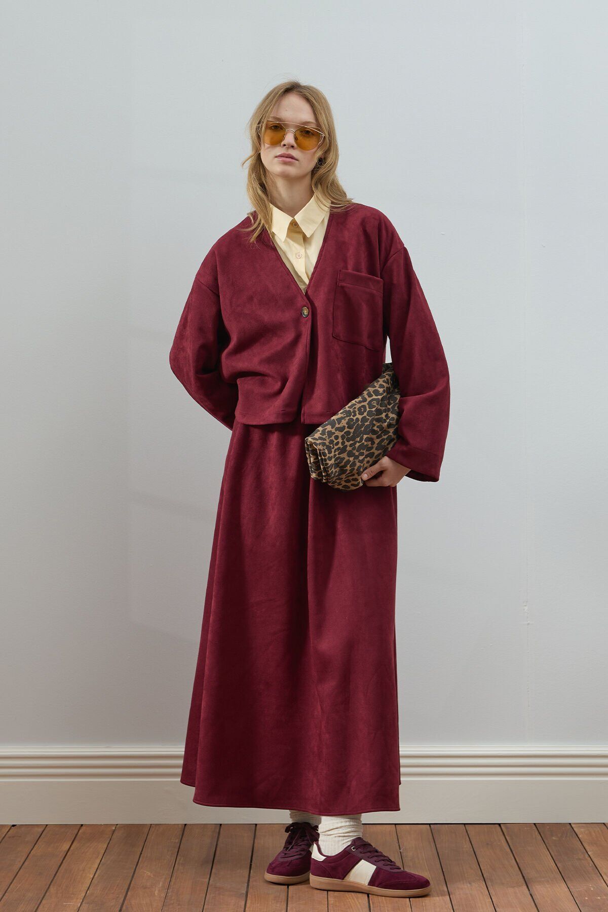 Bordo Süet Kloş Etek - Ceket Takım