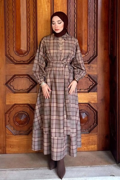 Vizon Ekoseli Vintage Elbise