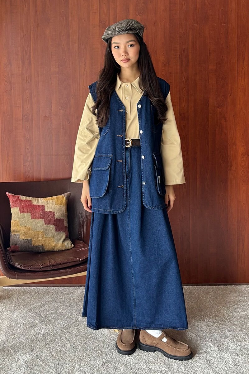 Kargo Cepli Kot Yelek & Kot Tek Düğmeli Etek Takım