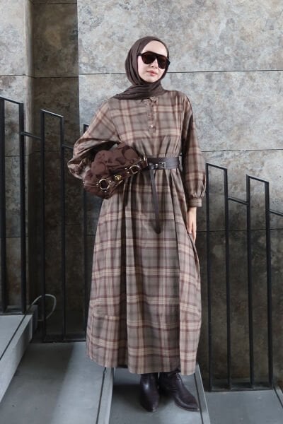 Vizon Ekoseli Vintage Elbise