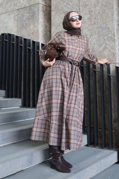 Vizon Ekoseli Vintage Elbise