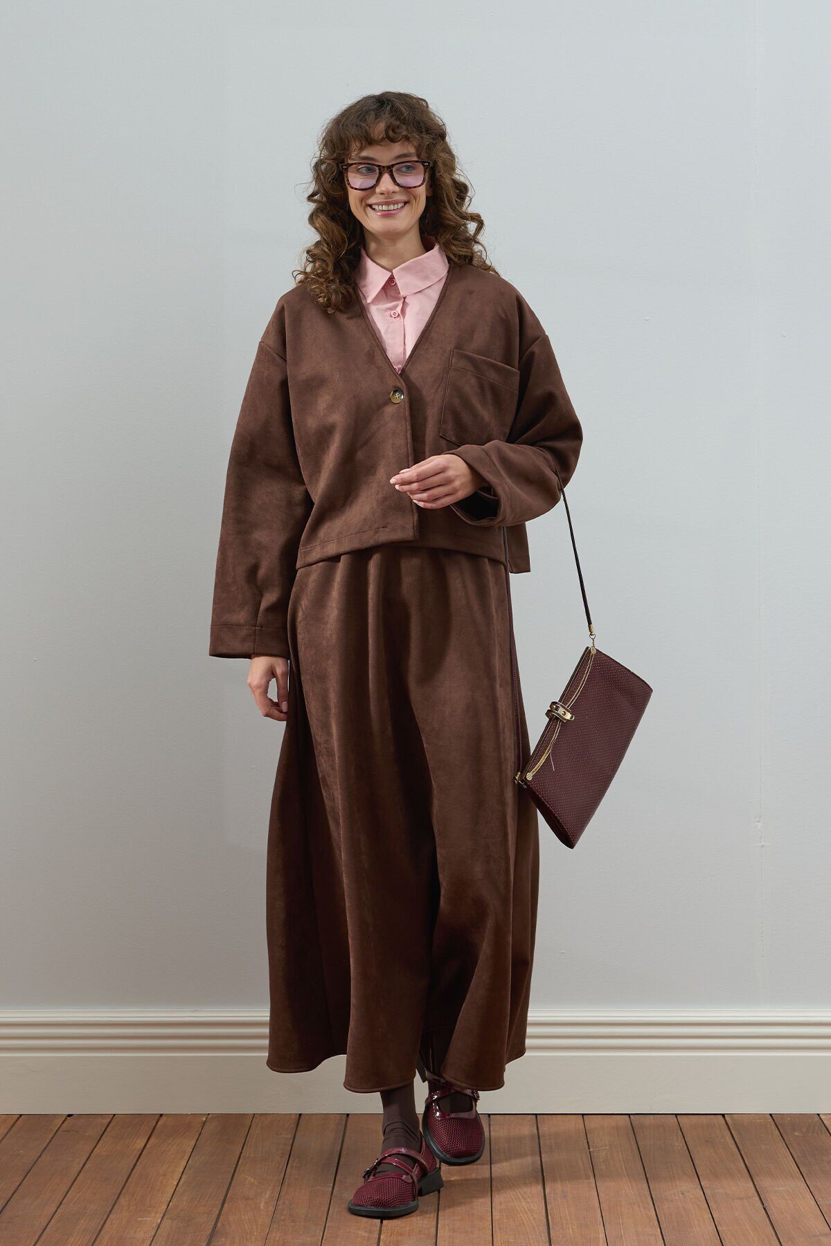 Acı Kahve Süet Kloş Etek - Ceket Takım