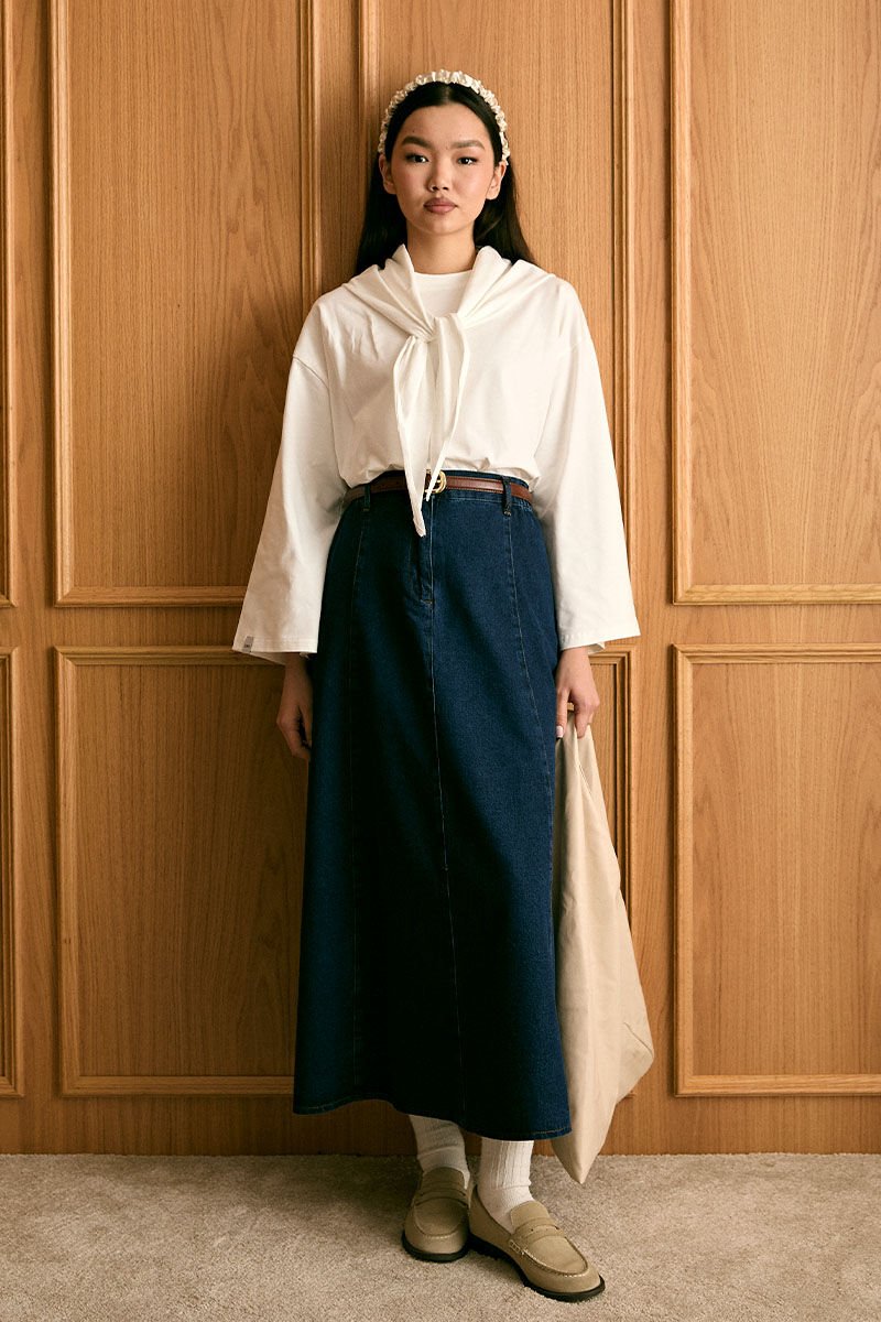 Ekru Fularlı Body & Kot Kloş Etek Takım