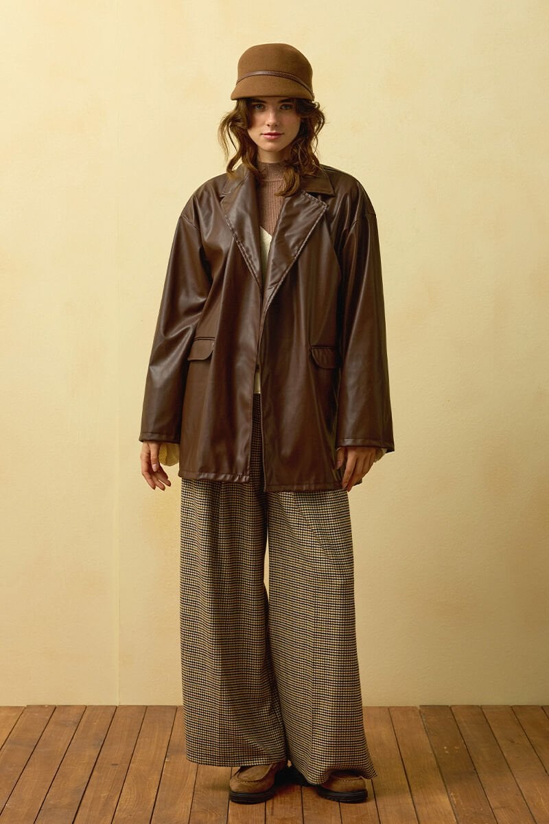 Acı Kahverengi Deri Ceket & Kaz Ayağı Desenli Pile Detay Palazzo Pantolon